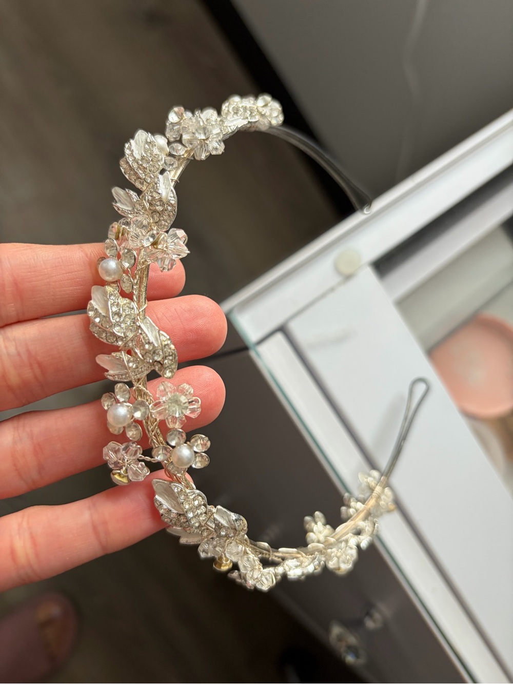 Pearl & Crystal Floral Headband - Silver Bridal Hairpiece